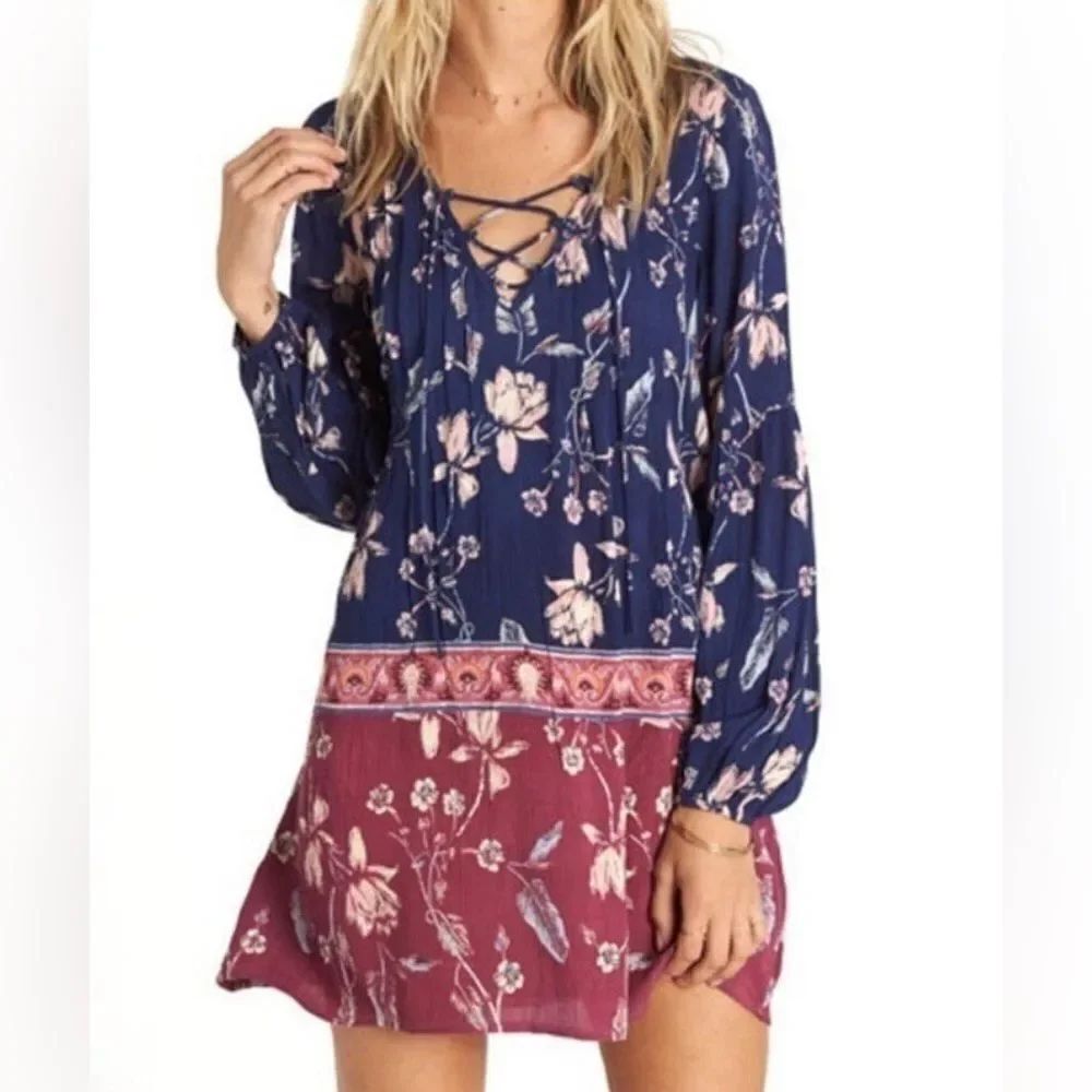 BillaBong Just Like You Dress Starry Night Long Sleeve Size large Boho Flowy